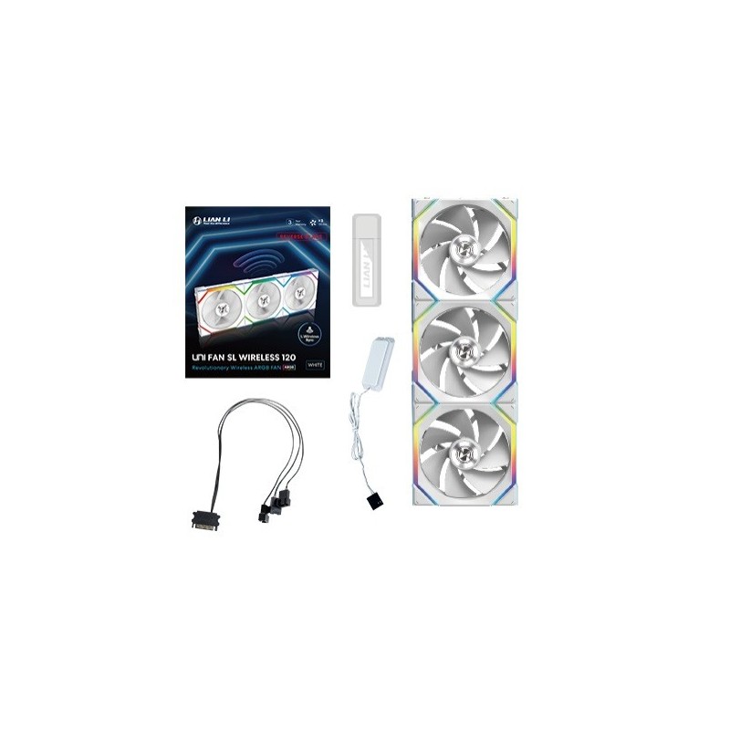 Ventola Lian Li UNI FAN SL Ventola Wireless ARGB PWM Kit da 3 con controller Lama Inversa 120mm Bianco Ventola Lian Li UNI FAN SL Ventola Wireless ARGB PWM Kit da 3 con controller Lama Inversa 120mm Bianco